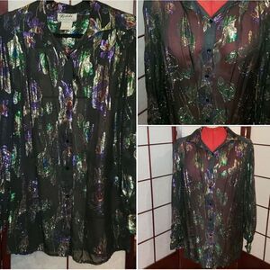 Teddi of Cali. Sheer Black Metallic Floral Blouse